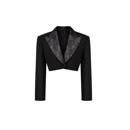 Black Cropped Tuxedo Jacket with Jacquard Lapel featuring a sleek cropped silhouette and textured jacquard pattern on the wide shawl collar for sophisticated formal eveningwear.