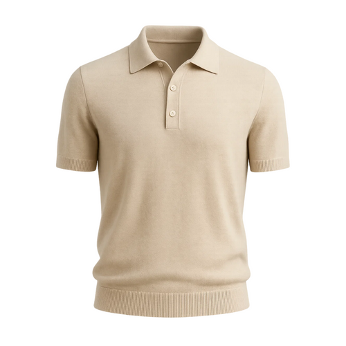 Men’s Loro Piana Featherweight Cashmere Polo in a soft beige tone, featuring short sleeves, a classic collar, and a three-button placket for sophisticated leisure dressing.