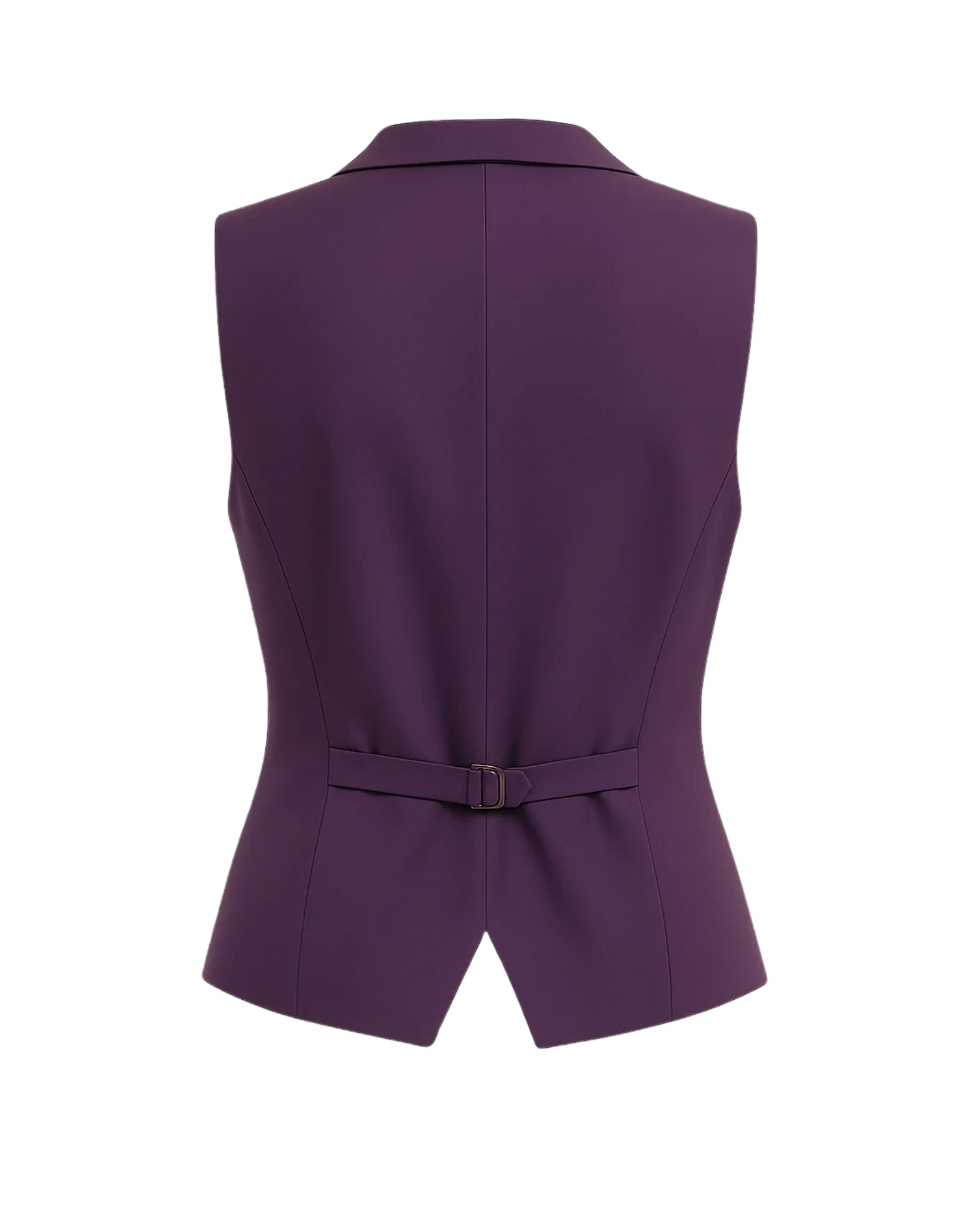 Women's Purple Five Button Vest shown from the back, featuring a tailored fit with a cinched waist belt and a subtle V-shaped hem for a polished, modern tailored look.