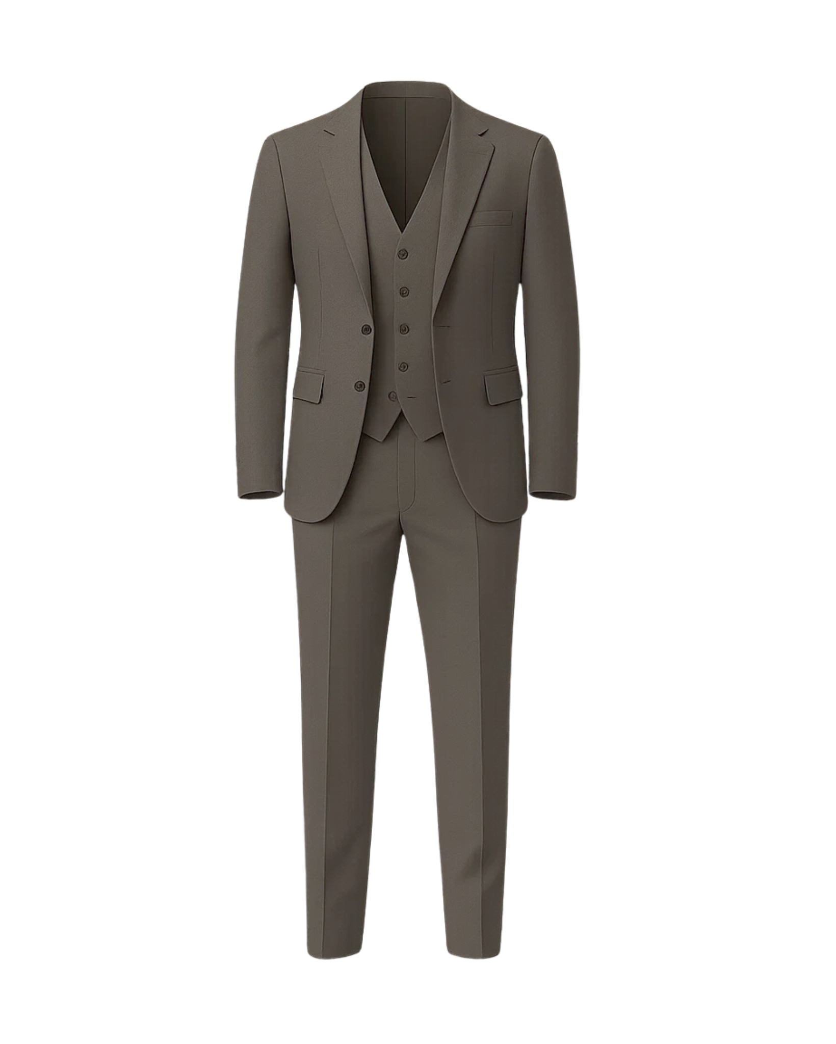Men's Taupe Brown Three Piece Suit Set displayed front view, featuring a tailored blazer, matching vest with button closure, and slim-fit trousers crafted from smooth taupe fabric for refined menswear.