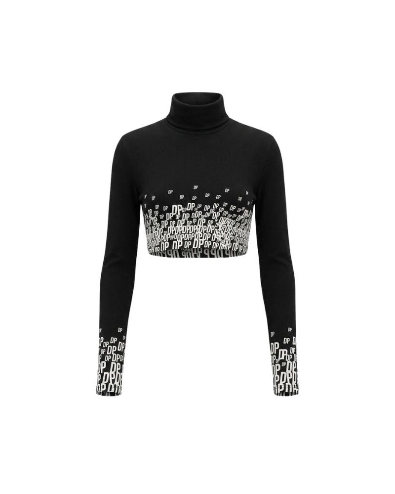 The Tailory New York X Dogpound Cropped Mockneck in black with a white "DP" logo gradient pattern concentrated at the midsection and sleeve ends, featuring long sleeves and a fitted silhouette.