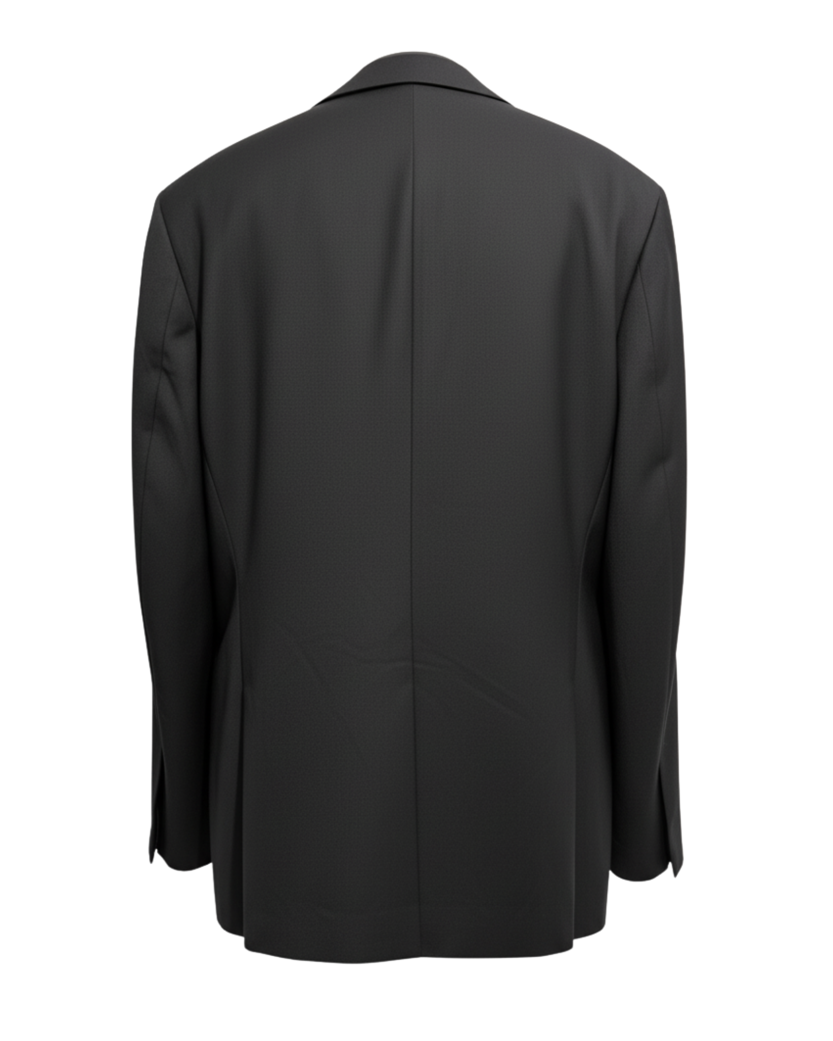 Back view of Black Two Button Jacket crafted in smooth fabric with a clean, tailored structure, featuring classic long sleeves and a subtle center vent for refined silhouette.
