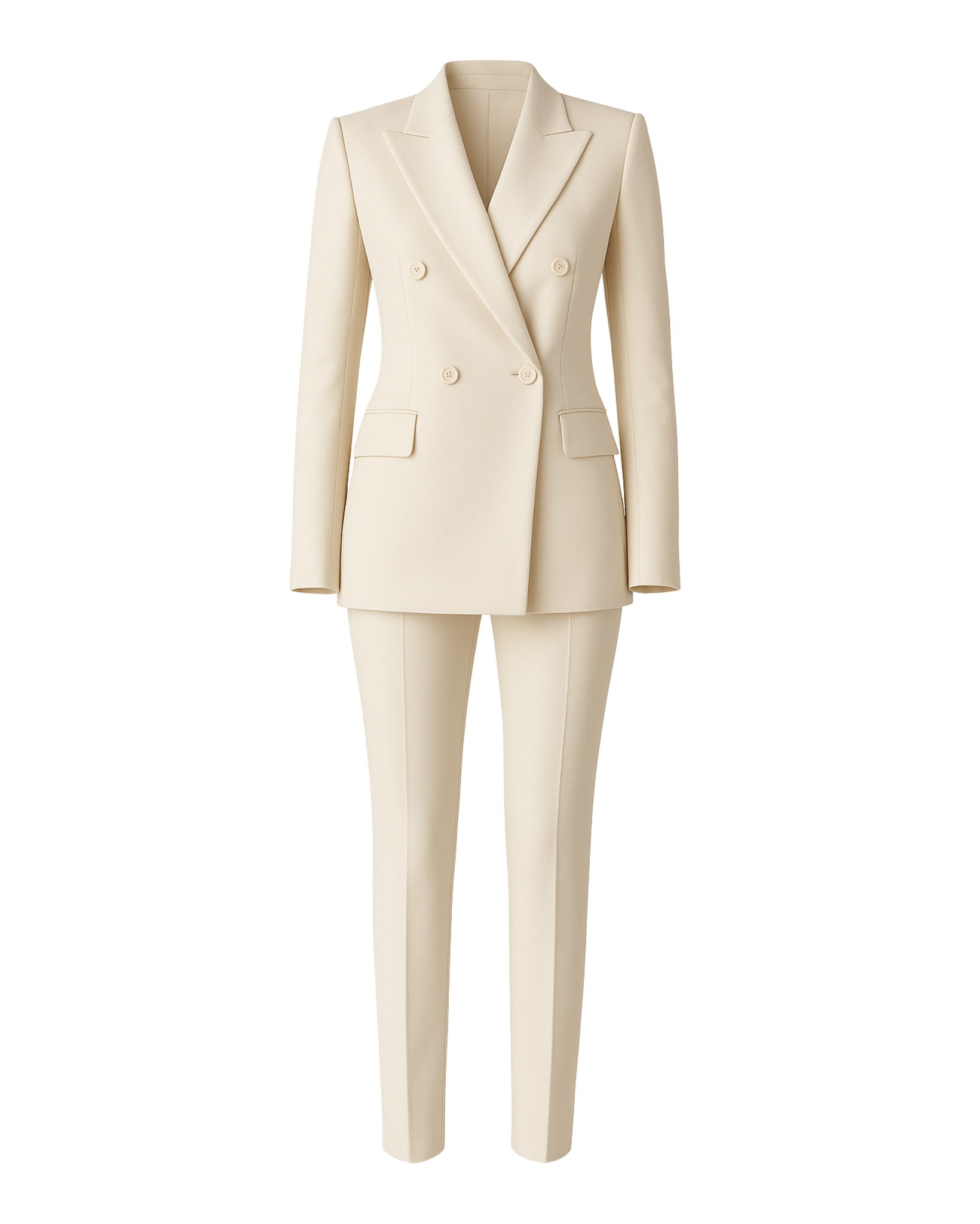 PRE-LOVED | Women's Cream Fitted Wedding Suit featuring a double-breasted blazer with peak lapels, structured tailoring, and slim tapered trousers crafted in luxury fabric for sophisticated bridal suiting.