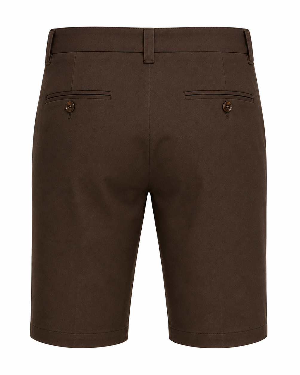 Men’s Loro Piana Tailored Bermuda Shorts in a rich chocolate brown, featuring a streamlined back with buttoned welt pockets and tailored belt loops for sophisticated summer leisurewear.