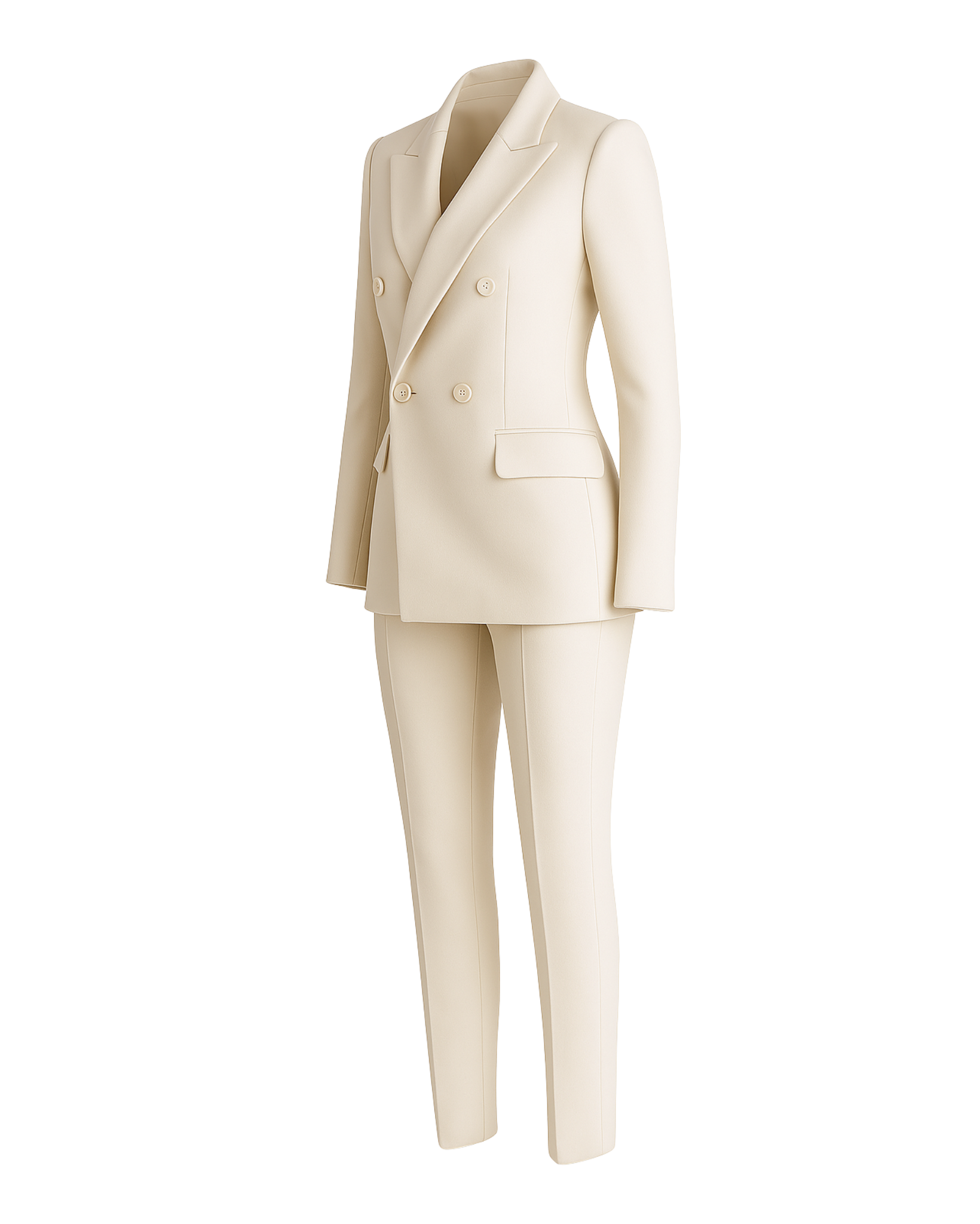 PRE-LOVED | Women's Cream Fitted Wedding Suit featuring a double-breasted blazer with peaked lapels, tailored flap pockets, and slim, tapered trousers in a soft cream fabric for elegant bridal suiting.