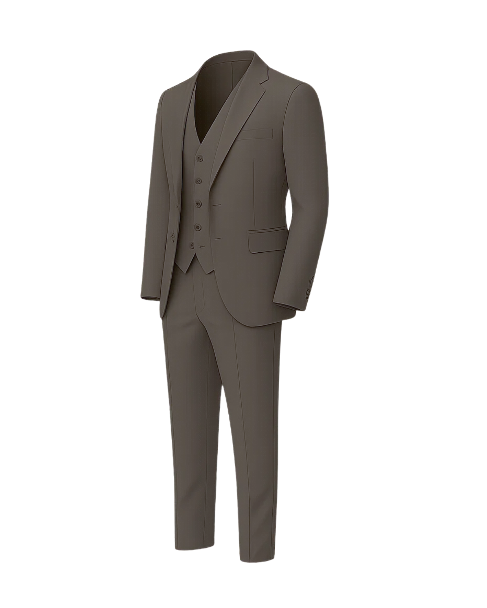 Men's Taupe Brown Three Piece Suit Set featuring a tailored blazer, buttoned vest, and slim-fit trousers in a smooth taupe fabric for a sophisticated formal look.