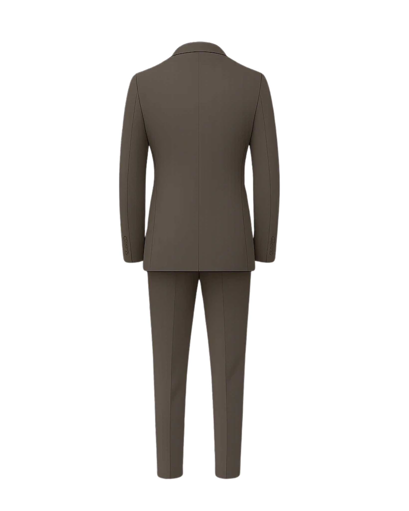 Men's Taupe Brown Three Piece Suit Set shown from the back, featuring a tailored jacket and matching slim-fit trousers in a smooth fabric for refined formal menswear.