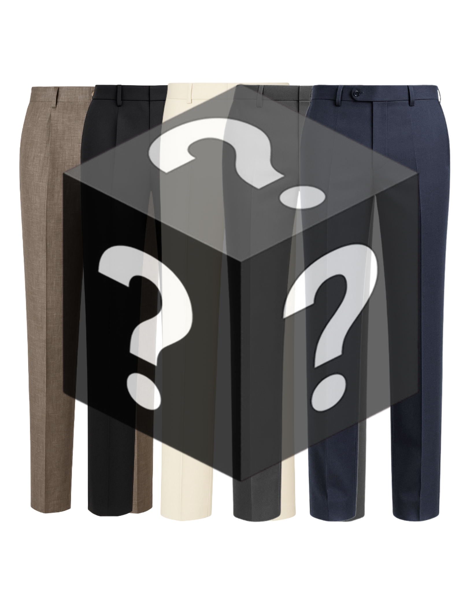 A collection of five tailored trousers in neutral shades ranging from beige to navy, overlaid with a translucent black cube featuring white question marks, symbolizing the Men’s Mystery Sample Blind Box — Bottoms (Value up to $2,000).