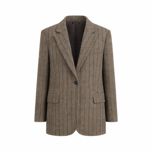 Front view of the Loro Piana Brown Stripe Wool Silk Linen Blazer, featuring a single-button closure, sharp lapels, and a subtle vertical stripe pattern in a warm brown fabric blend.