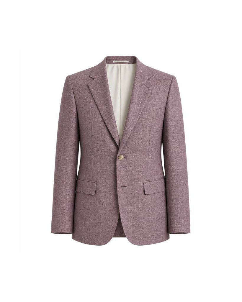 Lavender Rose Wool and Linen Blend Summer Wedding Blazer with a single-button closure, notch lapels, and patch pockets, crafted for refined, breathable warm-weather formalwear.