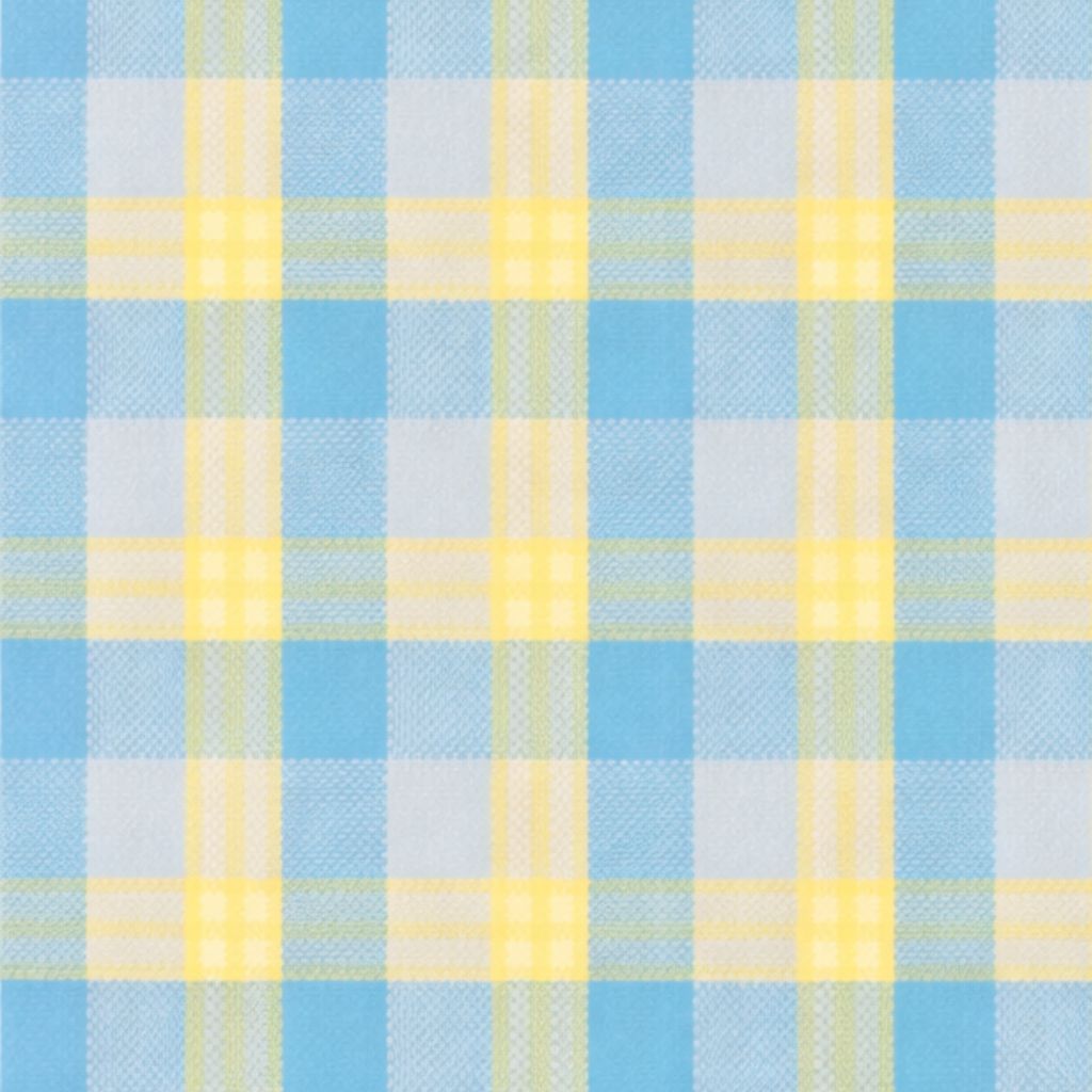 Close-up of the Blue Yellow Gingham Cropped Graphic Jacket fabric, showcasing a soft pastel plaid pattern with intersecting blue, yellow, and light gray checks for a fresh, spring-ready look.