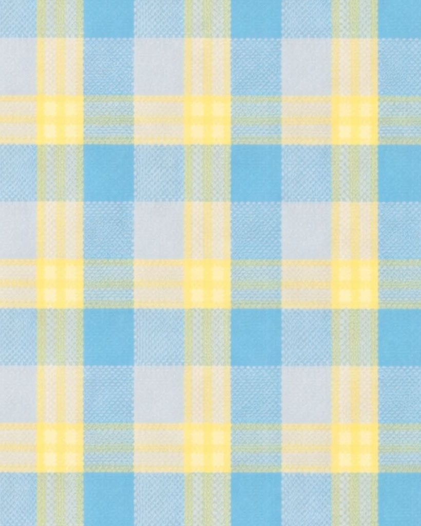 Close-up of the Blue Yellow Gingham Cropped Graphic Jacket fabric, showcasing a soft pastel plaid pattern with intersecting blue, yellow, and light gray checks for a fresh, spring-ready look.