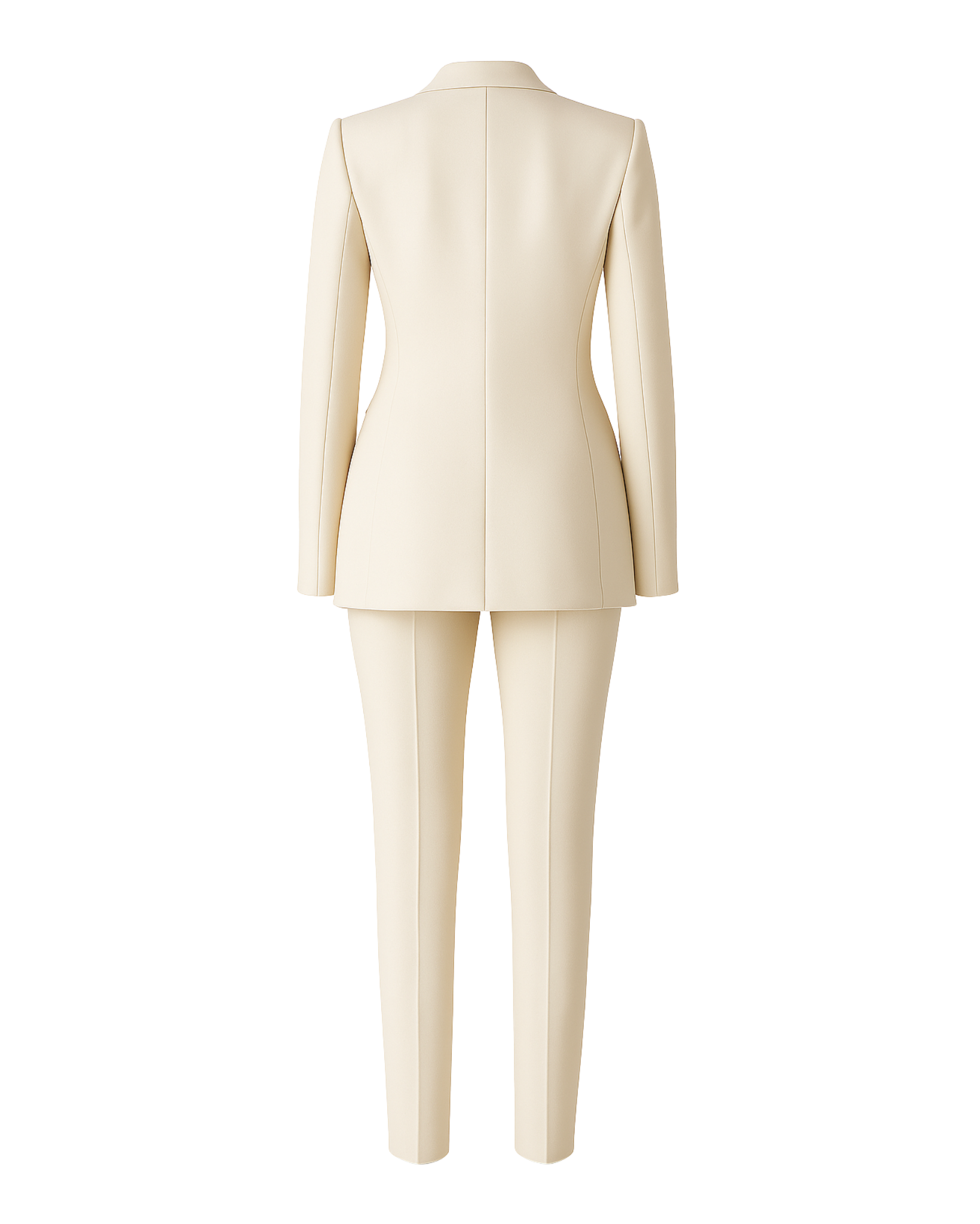 PRE-LOVED | Women's Cream Fitted Wedding Suit shown from the back, featuring a tailored blazer with clean lines and long sleeves, paired with slim, tapered trousers in a soft cream fabric.