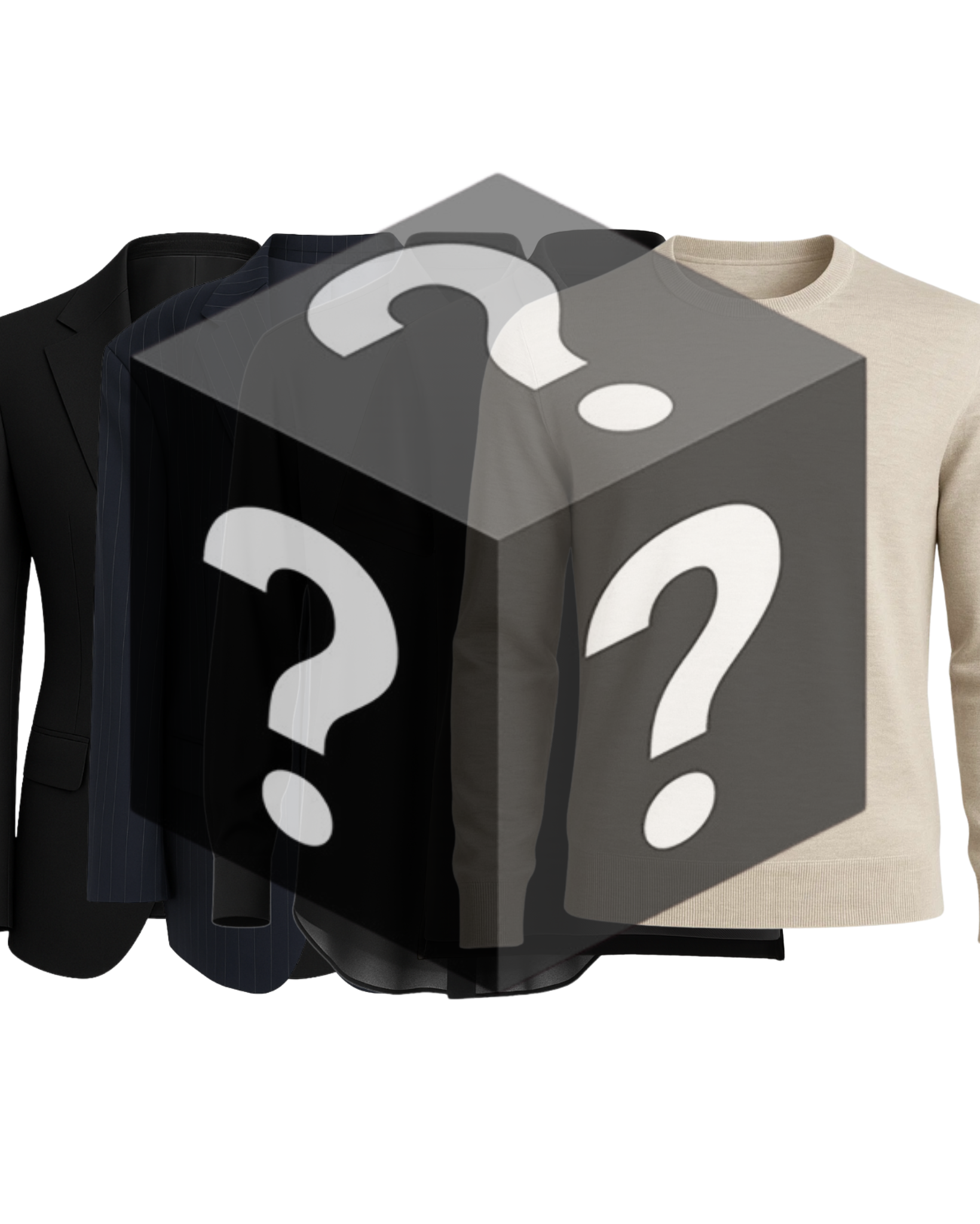 A digital composition featuring a beige sweater and dark tailored jackets overlaid with a translucent black box marked with large white question marks, representing the Men’s Mystery Sample Blind Box — Tops (Value up to $2,000).
