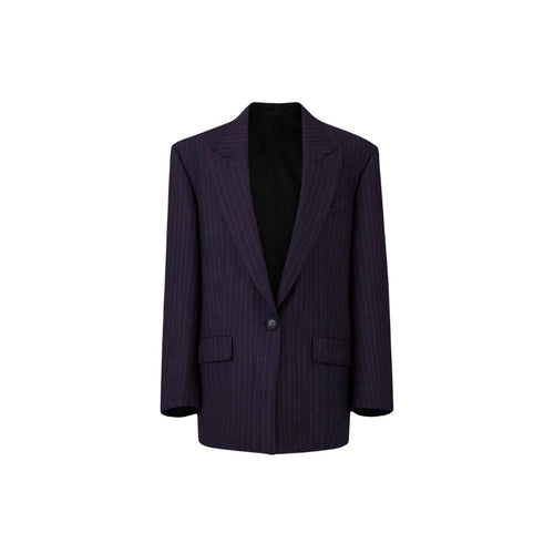 Navy Red Pinstripe Oversized Blazer featuring a relaxed silhouette with bold red pinstripes on a deep navy base, single-button closure, and classic notch lapels for a contemporary tailored look.