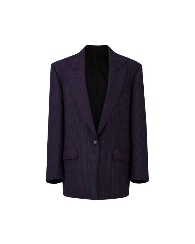 Navy Red Pinstripe Oversized Blazer featuring a relaxed silhouette with bold red pinstripes on a deep navy base, single-button closure, and classic notch lapels for a contemporary tailored look.