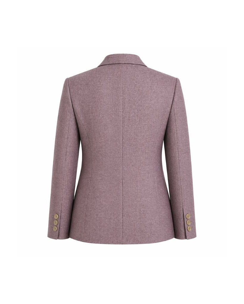 Back view of the Lavender Rose Wool and Linen Blend Summer Wedding Blazer, tailored with a structured silhouette, long sleeves with buttoned cuffs, and a subtle textured fabric ideal for elegant summer suiting.