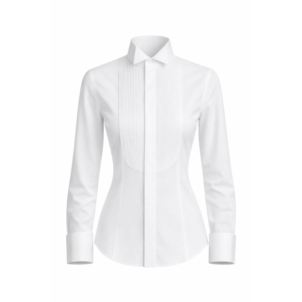 White Micro Pleat Tuxedo Shirt