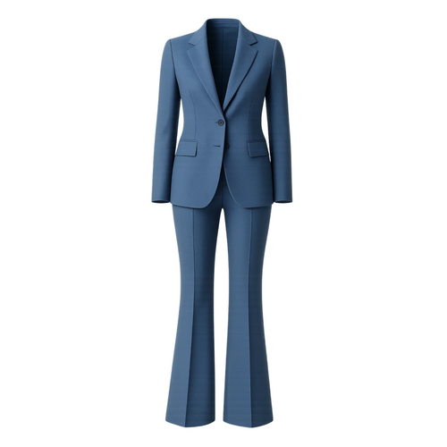 Women's Blue Two Piece Suit Set featuring a tailored blazer with notch lapels, single-button closure, and front flap pockets paired with high-waisted, flared trousers for a modern, elegant silhouette.