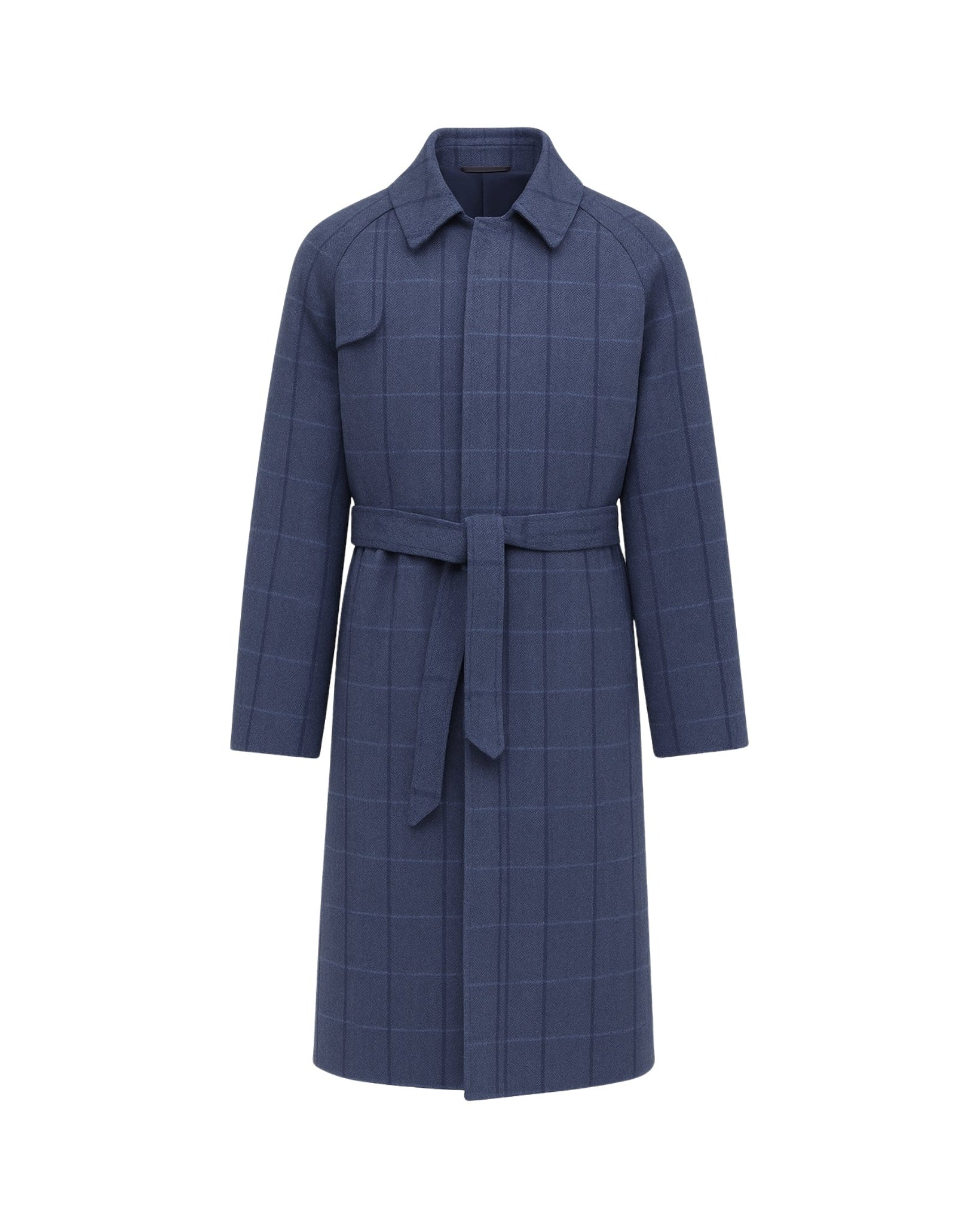 Blue Herringbone Overcoat | Raglan Sleeve Construction | Storm Shield in a deep blue herringbone fabric with subtle windowpane checks, featuring a belted waist and classic collar for refined outerwear style.