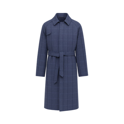 Blue Herringbone Overcoat | Raglan Sleeve Construction | Storm Shield in a deep blue herringbone fabric with subtle windowpane checks, featuring a belted waist and classic collar for refined outerwear style.
