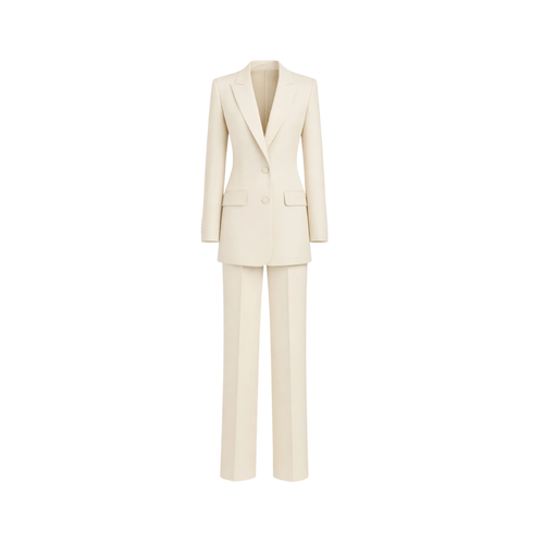 Ivory Loro Piana Women's City Hall Wedding Suit featuring a long tailored blazer with peak lapels and matching straight-leg trousers in luxurious ivory fabric for sophisticated bridal suiting.