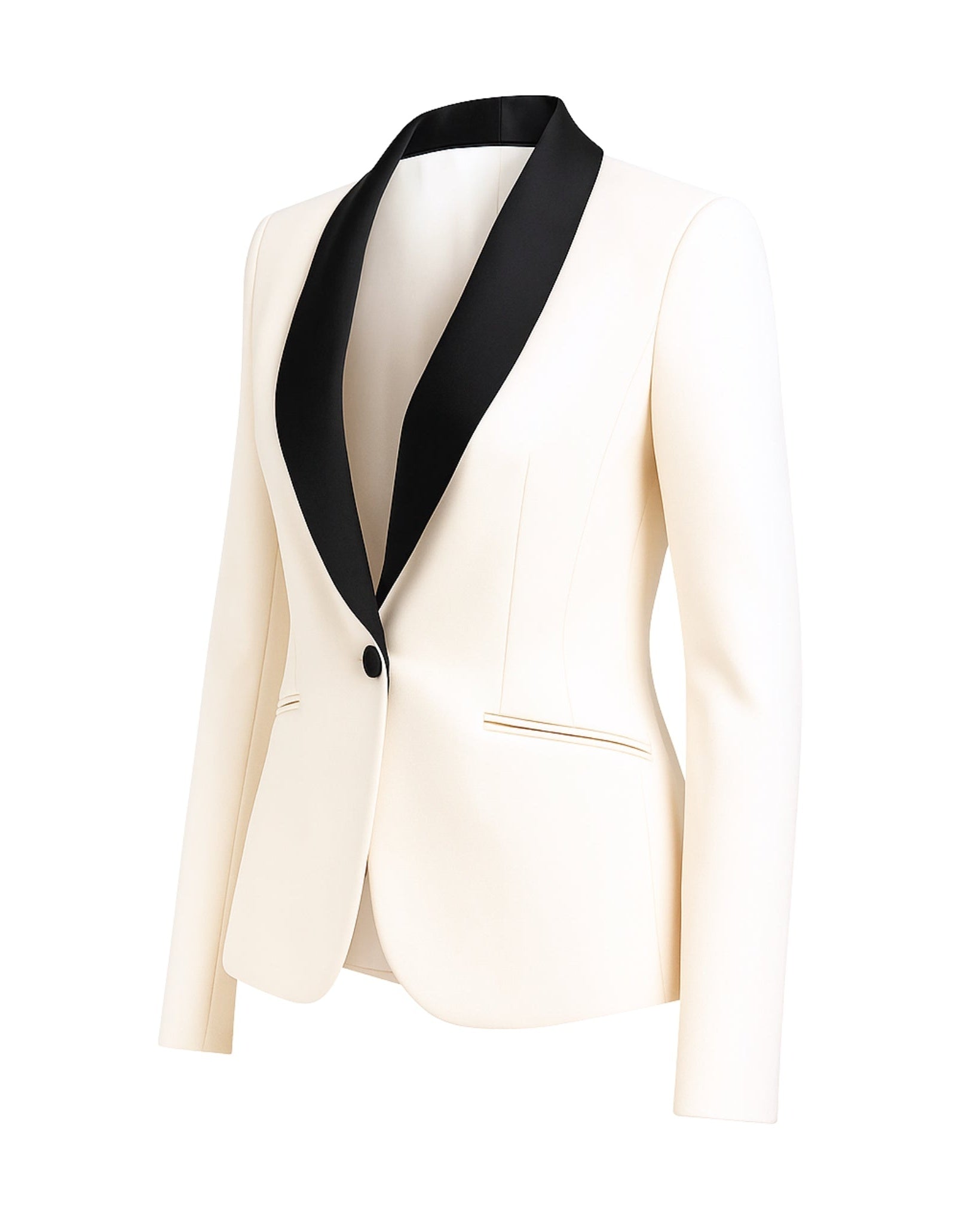 White Blazer Black Shawl Collar Tuxedo Jacket featuring a tailored silhouette with a single-button closure, sleek black shawl lapels, and slim long sleeves for sophisticated formalwear.