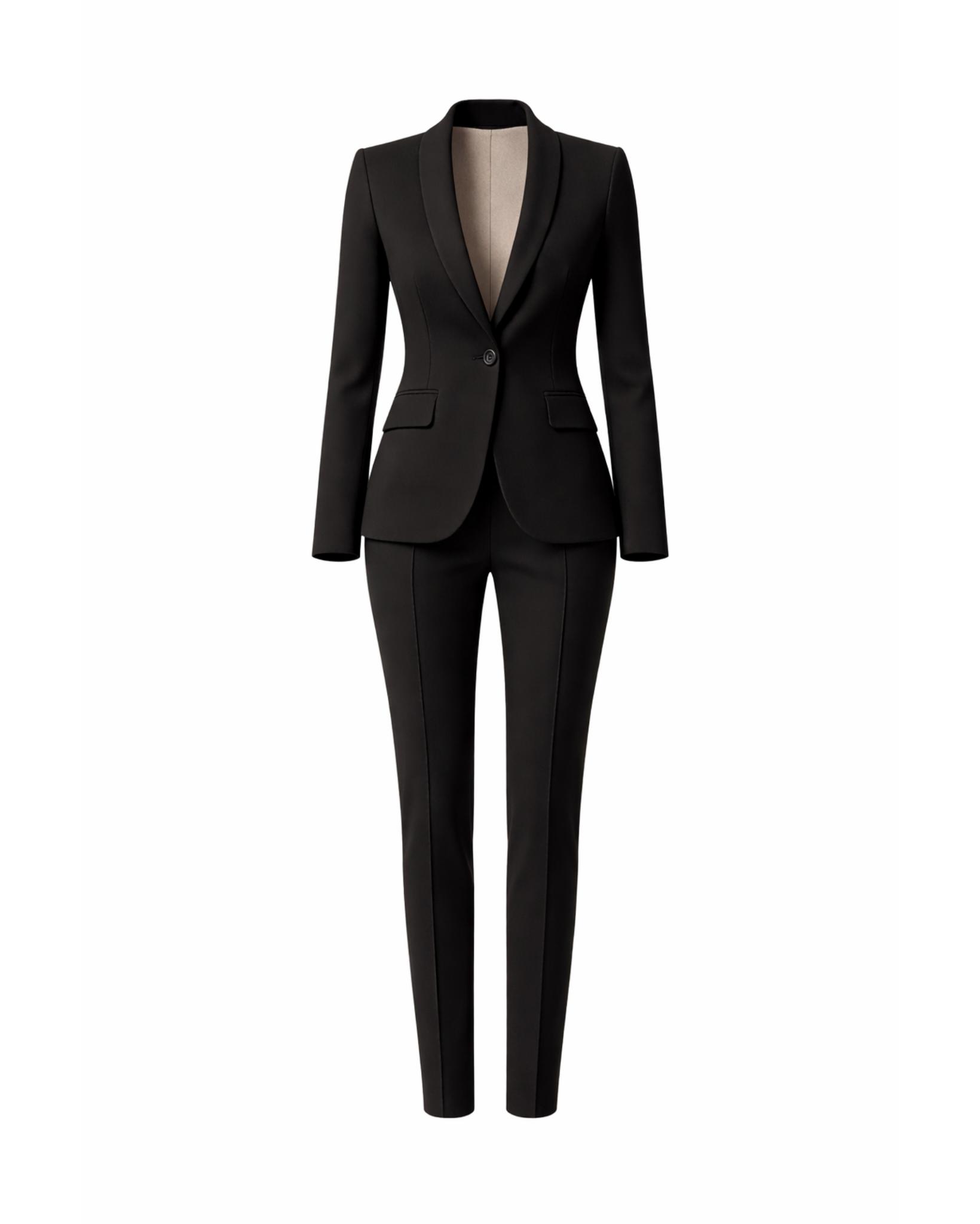 Women's Wearhouse| Women's Black Fitted Wedding Suit featuring a tailored single-button blazer with sleek lapels and slim, tapered trousers in elegant black fabric for a refined bridal look.