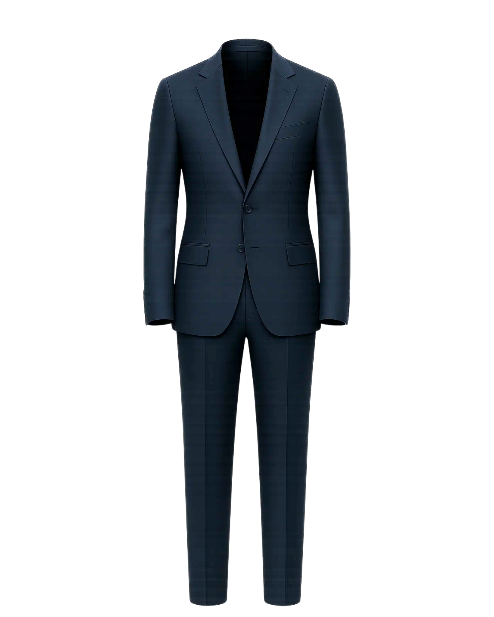 Men's Navy Blue Classic Tailored Suit Set featuring a sharp two-button blazer with notch lapels, flap pockets, and slim-fit trousers in a refined navy fabric perfect for formal business wear.