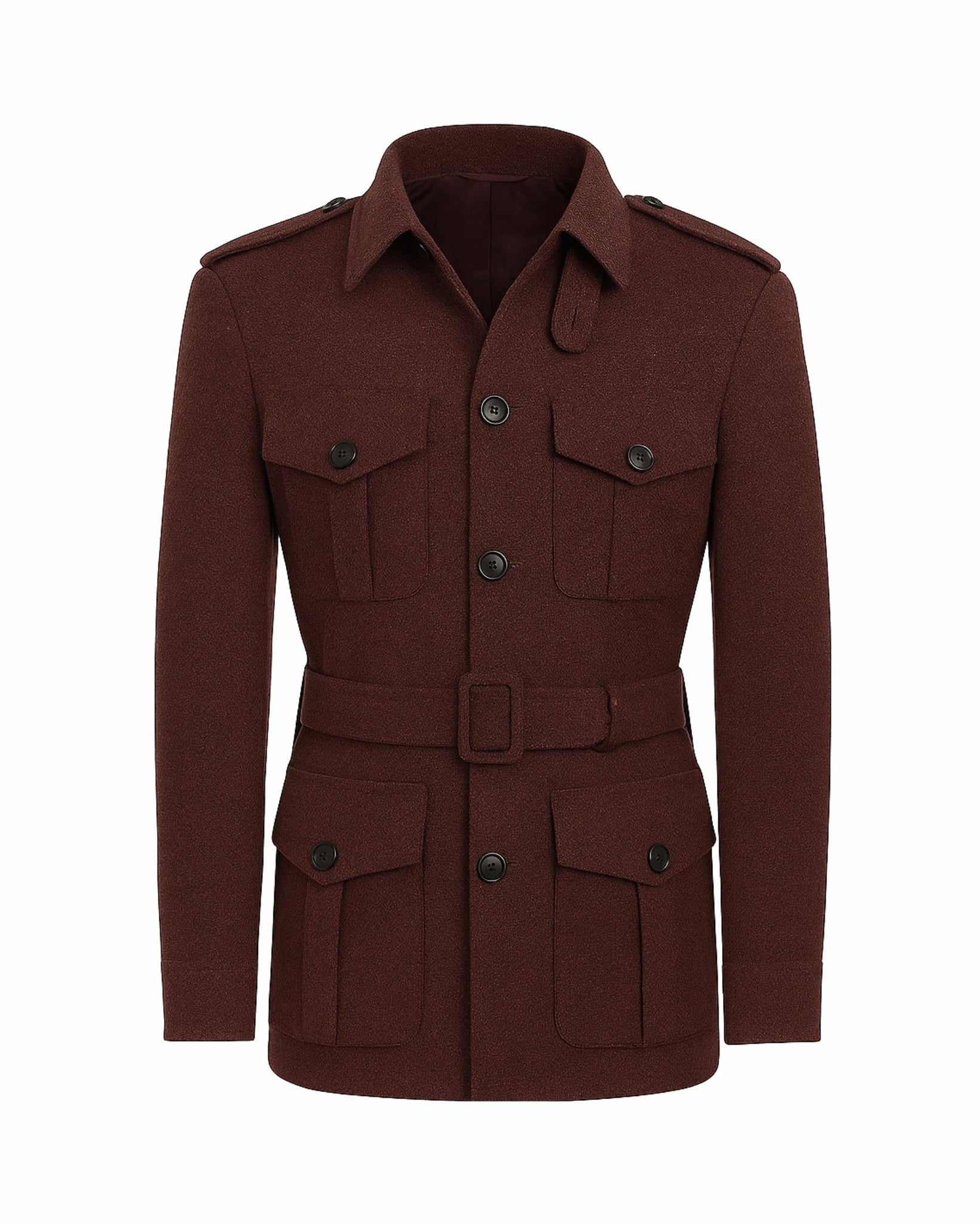 Rusted Gold Jacket | Custom Wool Belted Field Coat in a rich rust hue, featuring a structured collar, buttoned flap pockets, epaulets, and a matching belted waist for a refined silhouette.