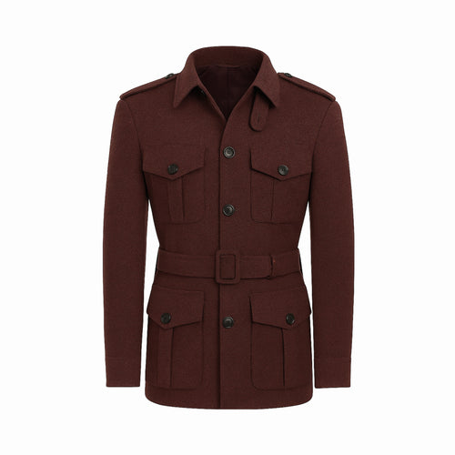 Rusted Gold Jacket | Custom Wool Belted Field Coat in a rich rust hue, featuring a structured collar, buttoned flap pockets, epaulets, and a matching belted waist for a refined silhouette.