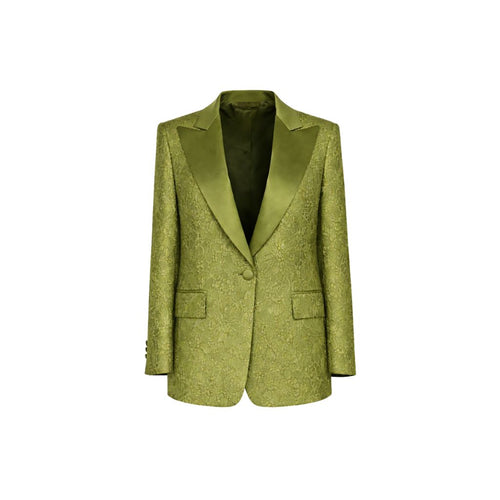 Front view of Green Floral Graphic Tuxedo Jacket featuring an intricate floral jacquard fabric with a satin peak lapel and single-button closure for elegant evening wear.