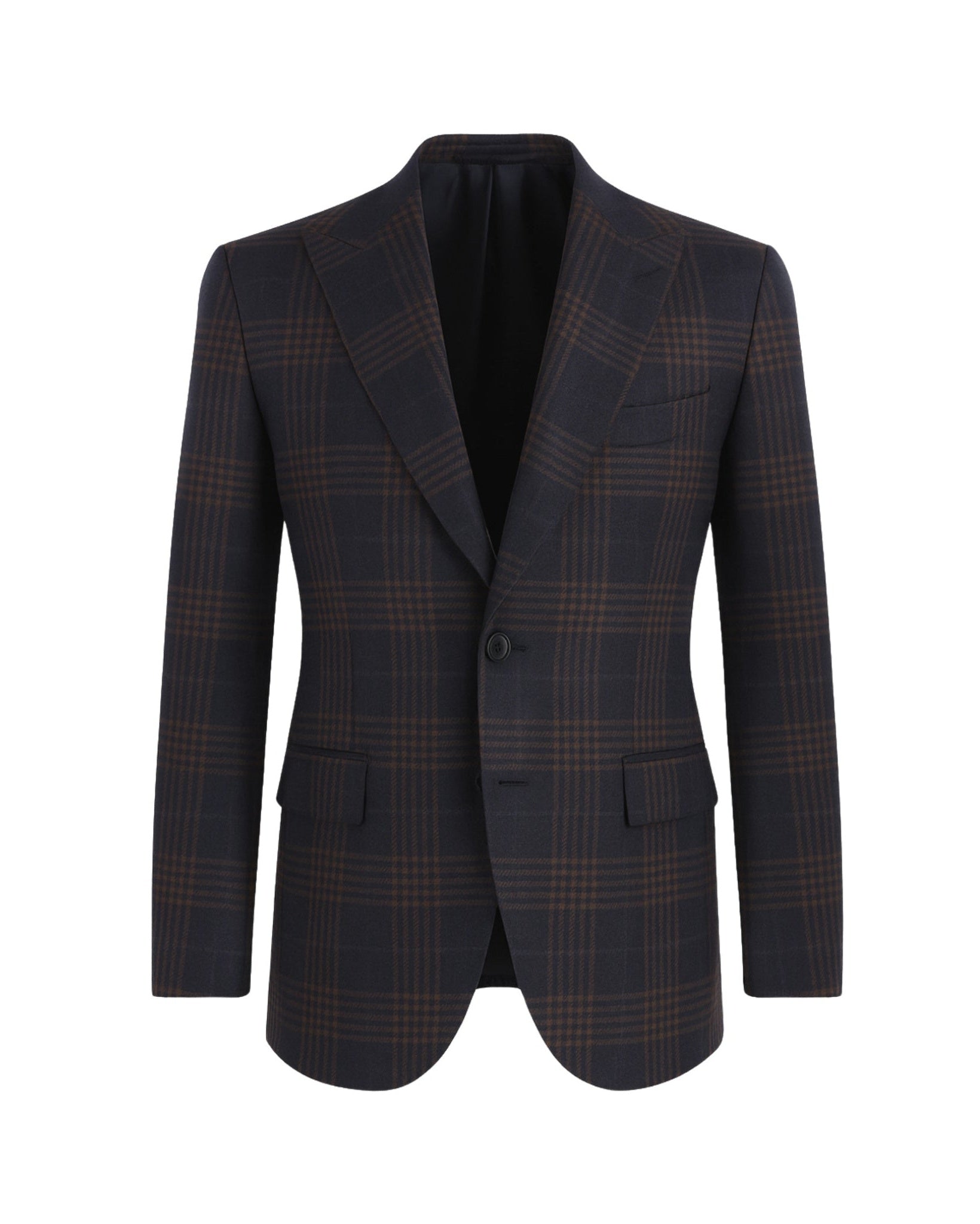 Navy Brown Blazer | Peak Lapel Half-Canvas | Modern Fit featuring a tailored silhouette with a rich navy base and subtle brown plaid pattern for sophisticated, contemporary style.