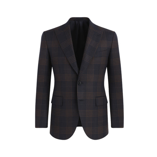 Navy Brown Blazer | Peak Lapel Half-Canvas | Modern Fit featuring a tailored silhouette with a rich navy base and subtle brown plaid pattern for sophisticated, contemporary style.