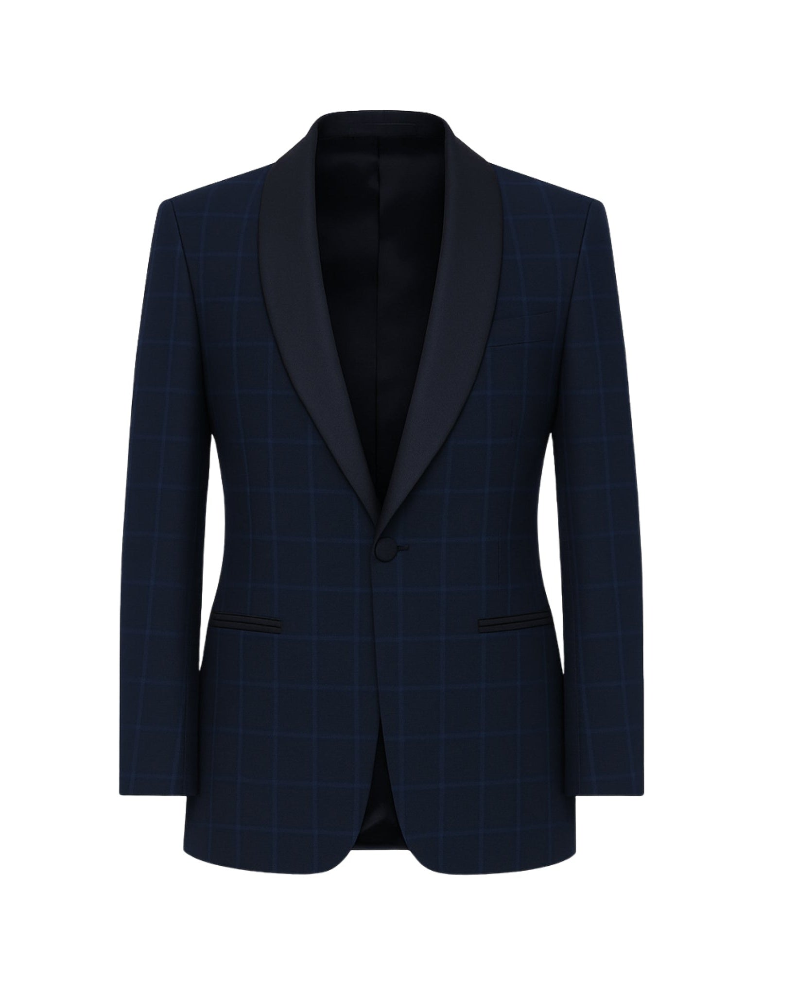 Navy Evening Blazer featuring a subtle windowpane pattern with sleek black satin shawl lapels, tailored for a refined and modern formal evening look.