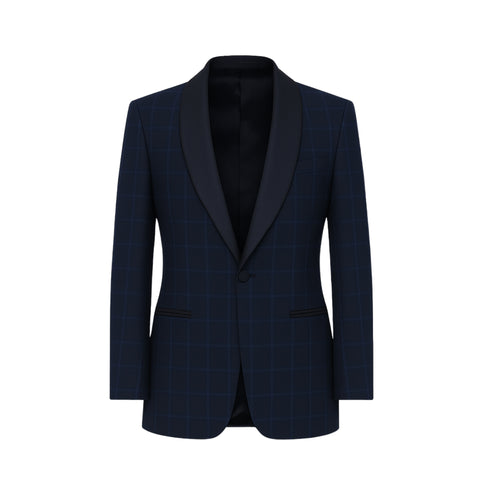 Navy Evening Blazer featuring a subtle windowpane pattern with sleek black satin shawl lapels, tailored for a refined and modern formal evening look.