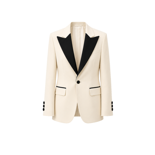 Ivory Peak Lapel Women’s Wool Tuxedo Jacket in a creamy ivory hue with contrasting black peak lapels, single-button closure, flap pockets accented with black trim, and four-button cuffs for elegant formalwear.