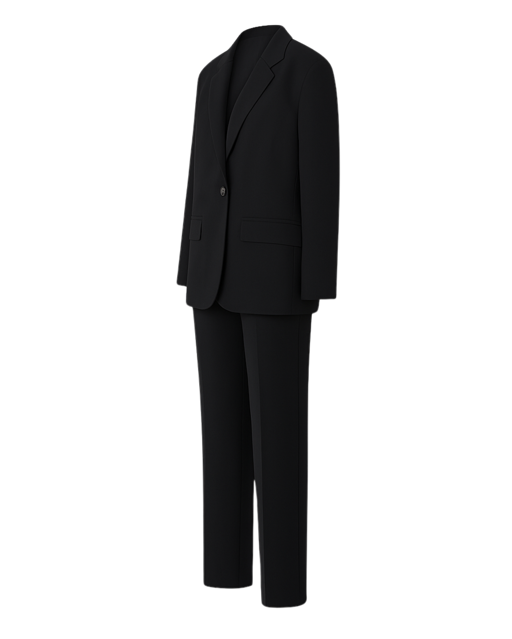 PRE-LOVED | Women's Black Oversized Wedding Suit featuring a relaxed single-button blazer with notched lapels and flap pockets, paired with straight-leg tailored trousers in luxurious black fabric for contemporary androgynous suiting.
