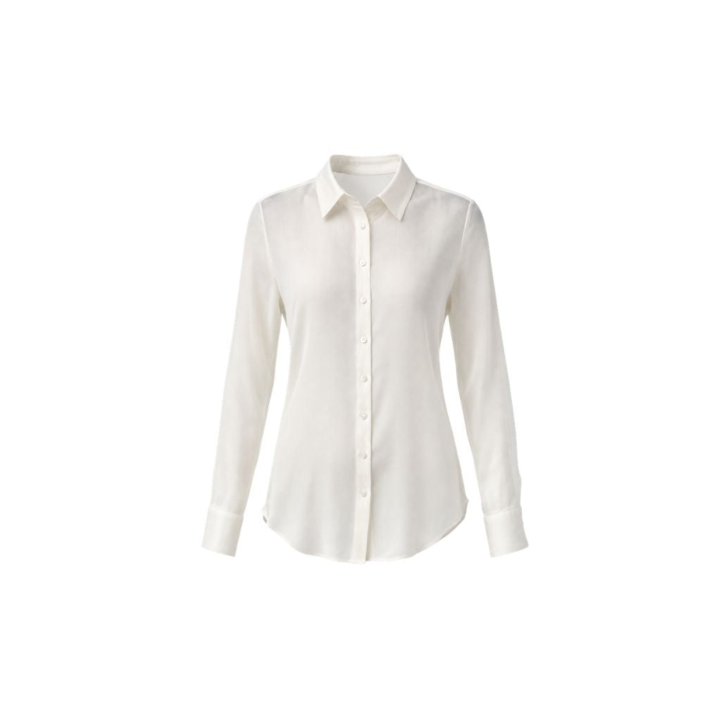Ivory Semi-Sheer Tailored Shirt with a classic pointed collar, long sleeves with buttoned cuffs, and a fitted silhouette crafted from lightweight sheer fabric for elegant layering.