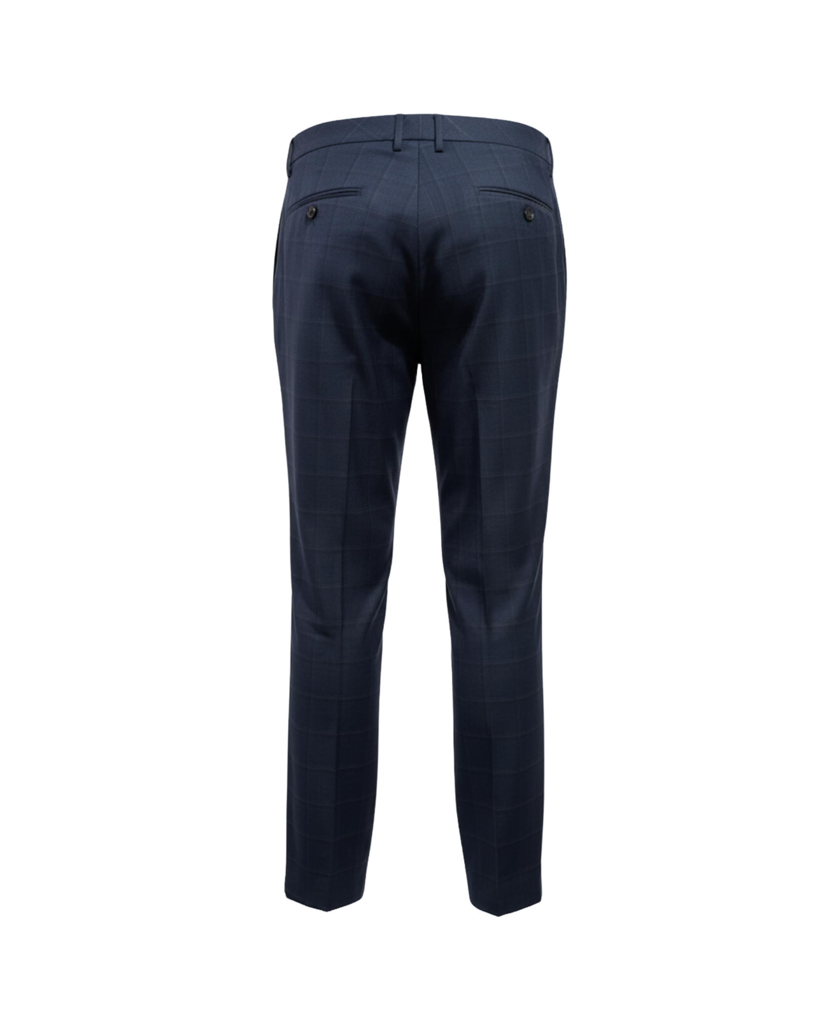 Back view of the Navy Tonal Plaid Cropped Suit Trousers showcasing a slim tailored cut in deep navy with subtle plaid detail, featuring buttoned rear welt pockets for refined tailoring.