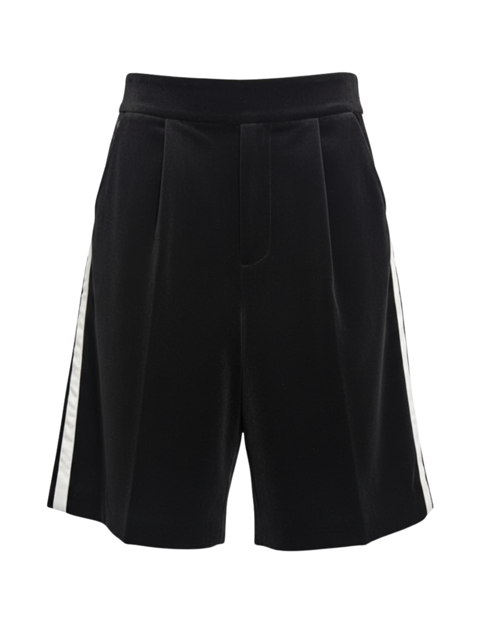 Black Velvet Shorts with White Satin Side Stripe featuring a tailored fit, smooth velvet fabric, and contrasting glossy satin stripes along the outer seams for elegant leisurewear.