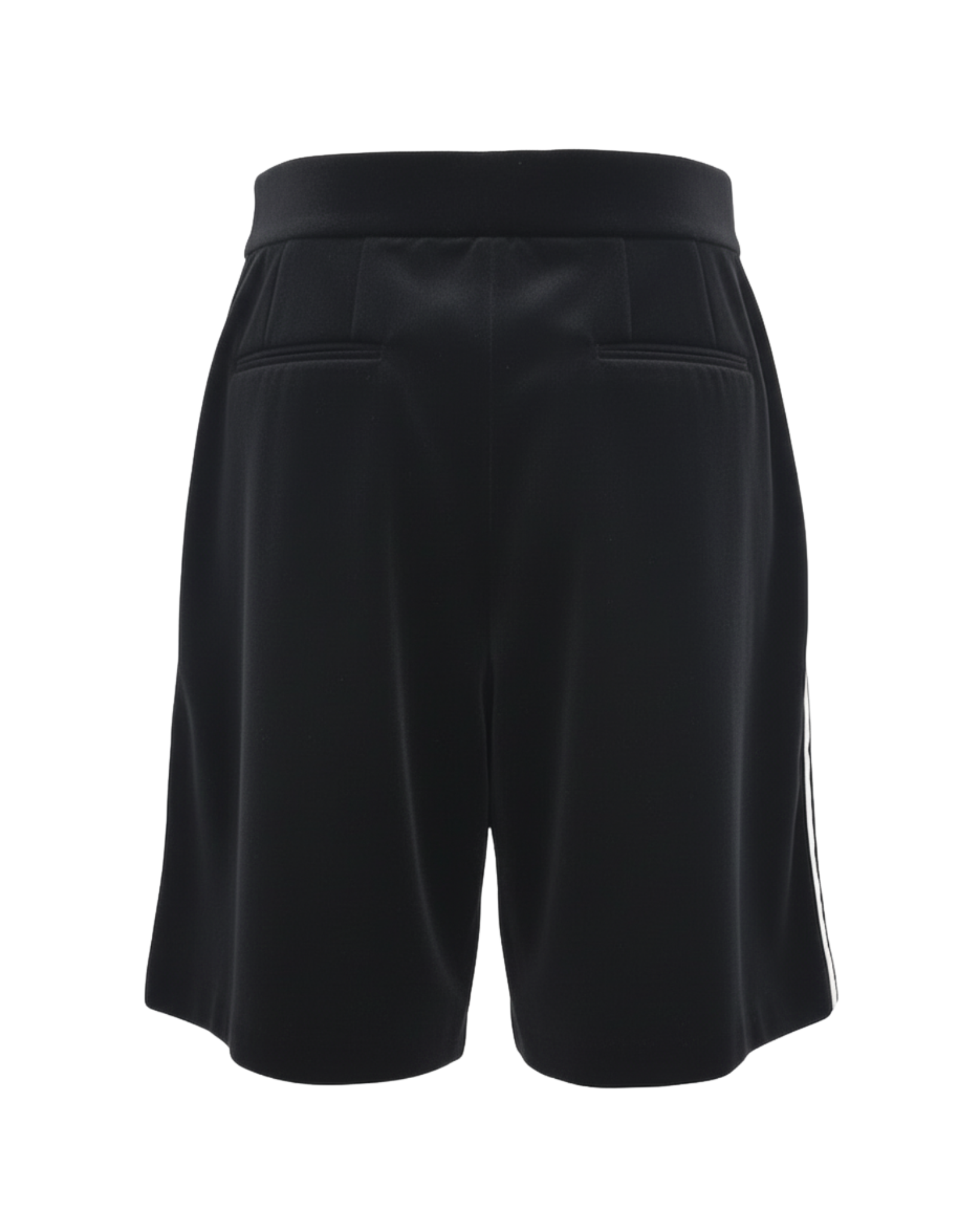 Back view of Black Velvet Shorts with White Satin Side Stripe, featuring a smooth velvet fabric, tailored waistband, and sleek welt pockets for a refined, elegant leisurewear style.