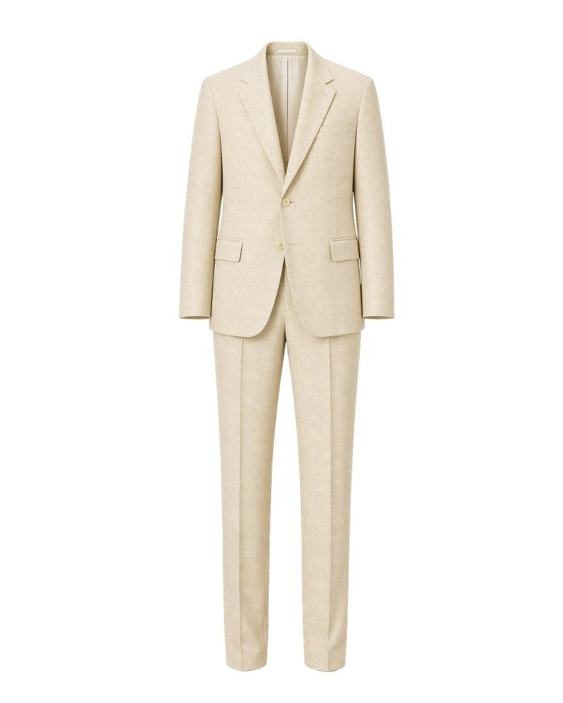 Cream Wool and Linen Blend Summer Wedding Suit in a classic tailored cut, crafted from lightweight, breathable fabric ideal for sophisticated warm-weather formalwear.