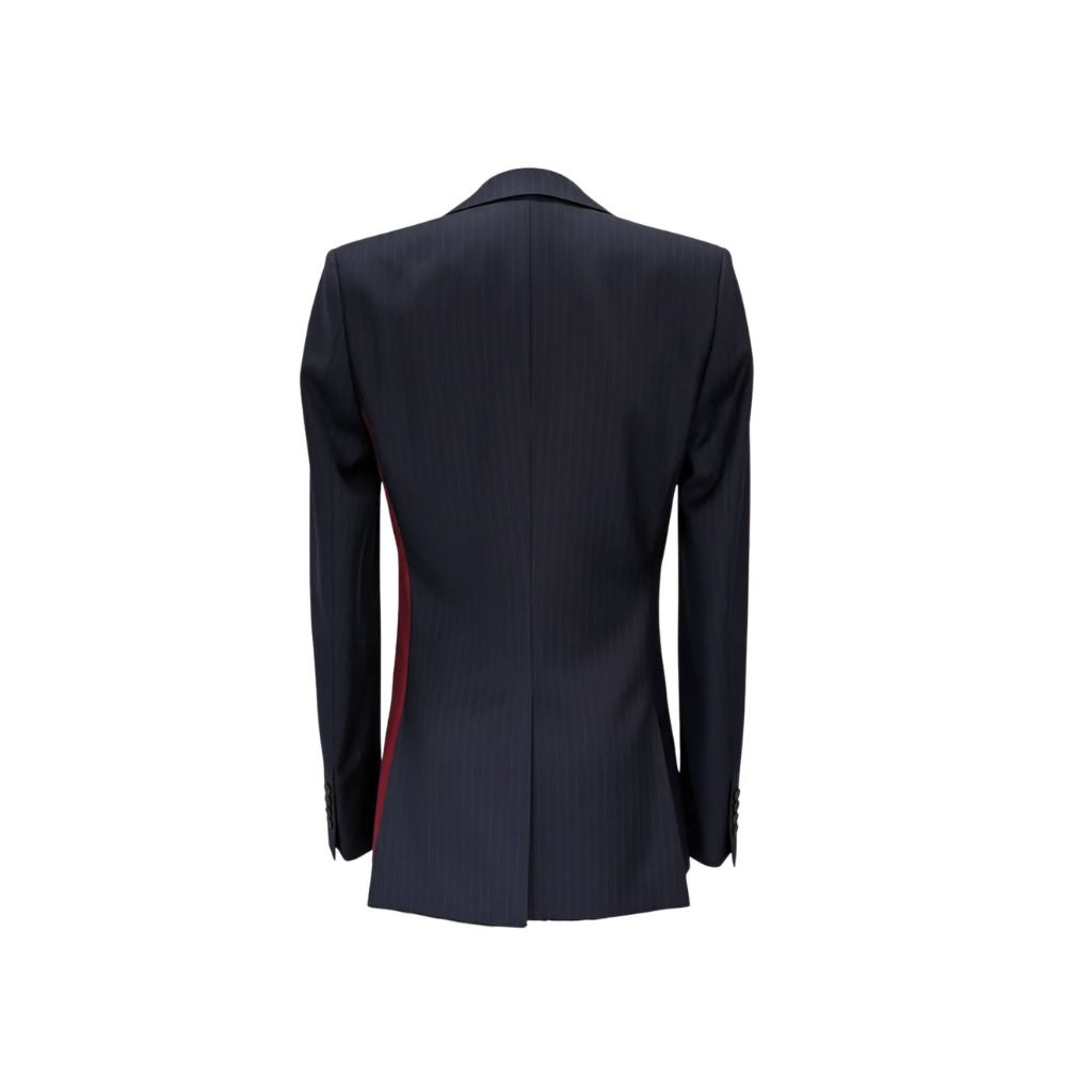 Back view of Navy and Red Pinstripe Graphic Jacket showcasing a tailored silhouette with a subtle pinstripe pattern and a bold red graphic detail on the side panel.