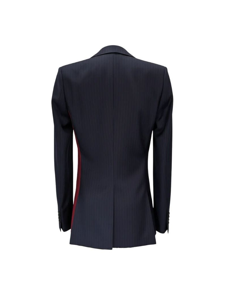 Back view of Navy and Red Pinstripe Graphic Jacket showcasing a tailored silhouette with a subtle pinstripe pattern and a bold red graphic detail on the side panel.