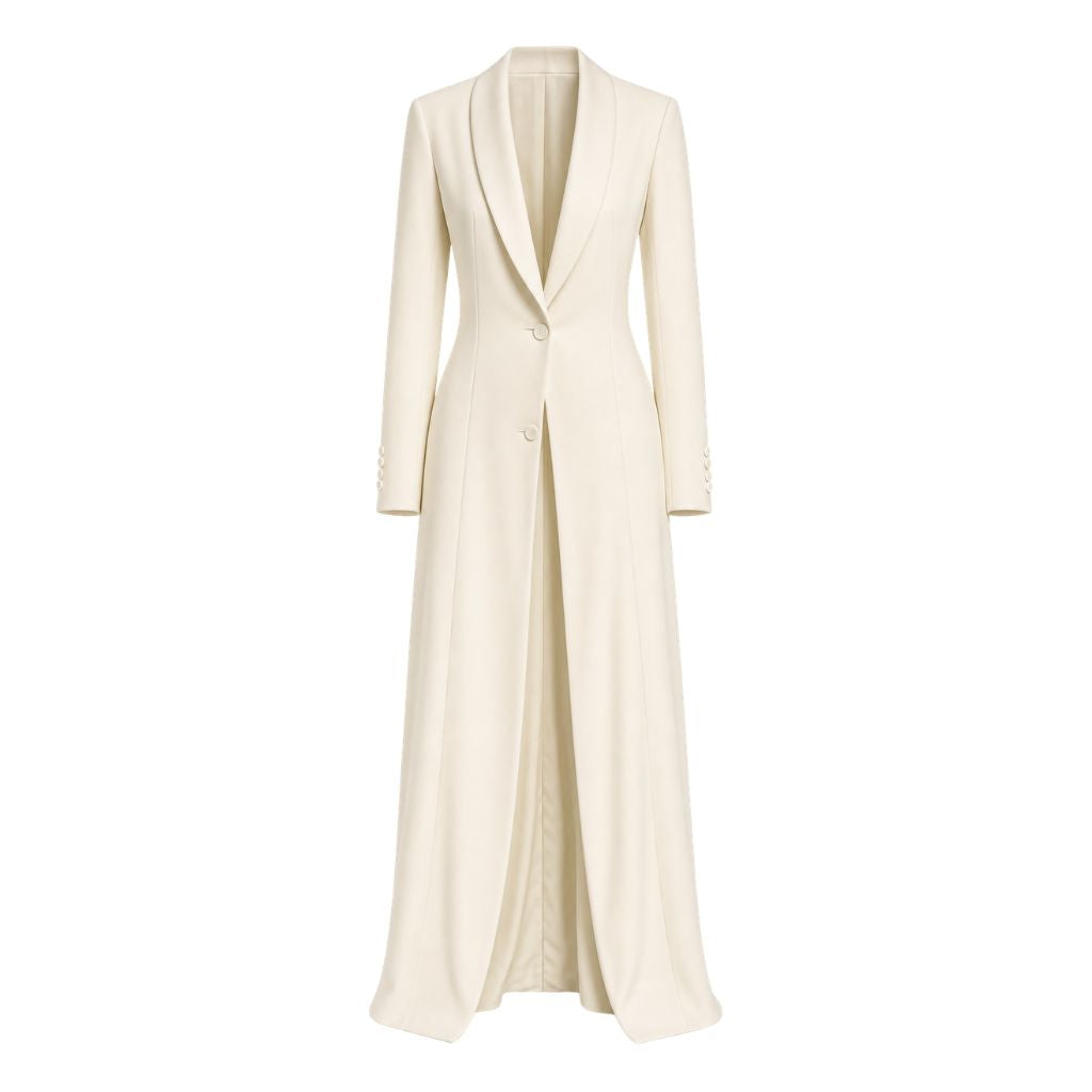 Ivory Shawl Lapel Floor-Length Jacket