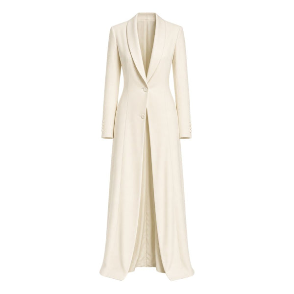 Ivory Shawl Lapel Floor-Length Jacket with a sleek tailored fit, featuring a smooth fabric, long sleeves with buttoned cuffs, and elegant floor-sweeping length for refined formalwear.