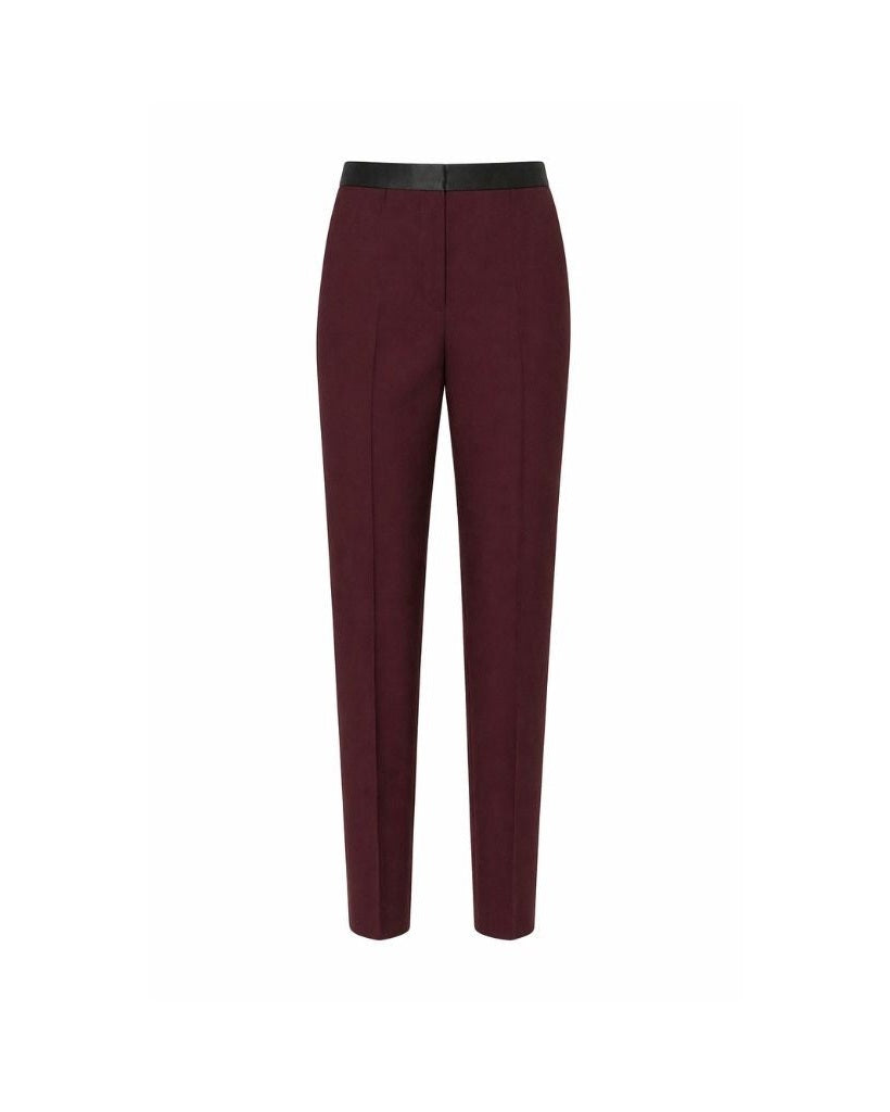 Burgundy Wool Tuxedo Trousers — Slim Tapered Fit with Satin Waistband featuring a rich wool fabric in deep burgundy, tailored for a sleek silhouette with a smooth satin waistband detail.
