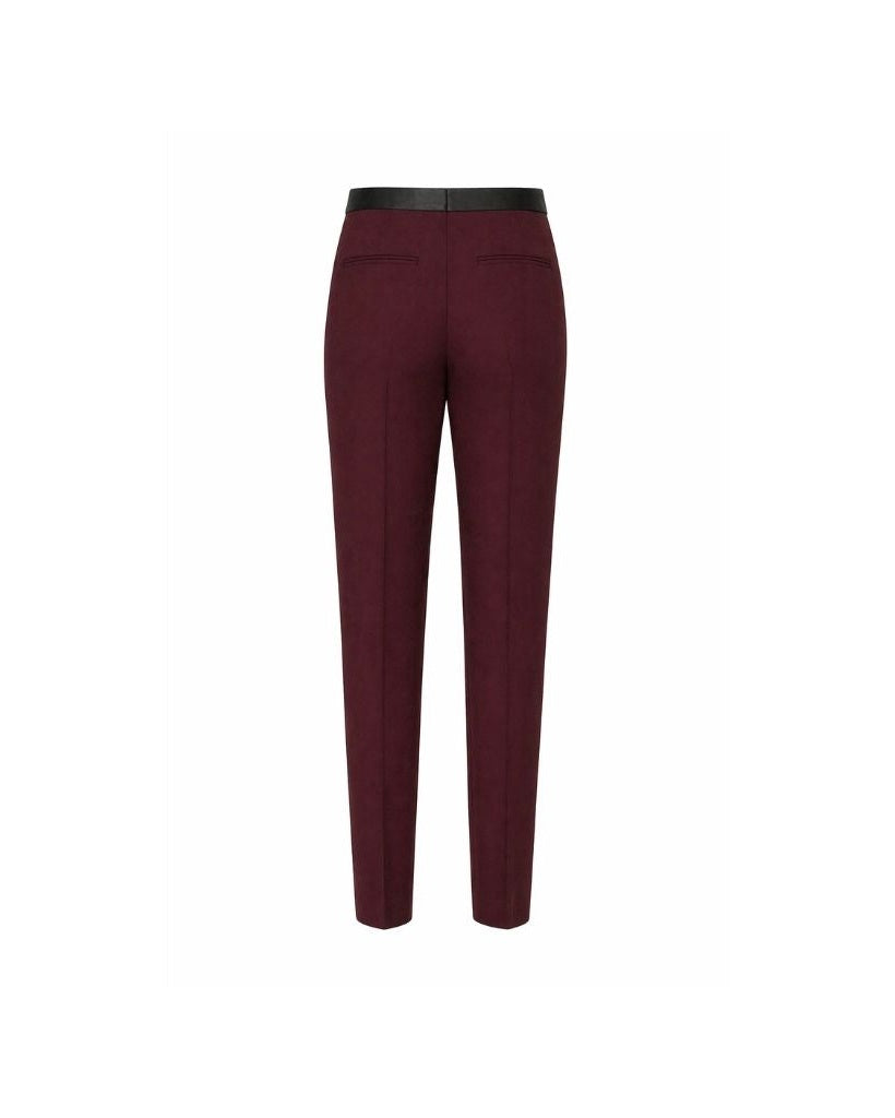 Back view of Burgundy Wool Tuxedo Trousers — Slim Tapered Fit with Satin Waistband, crafted from rich wool fabric in deep burgundy showcasing a sleek tailored silhouette.