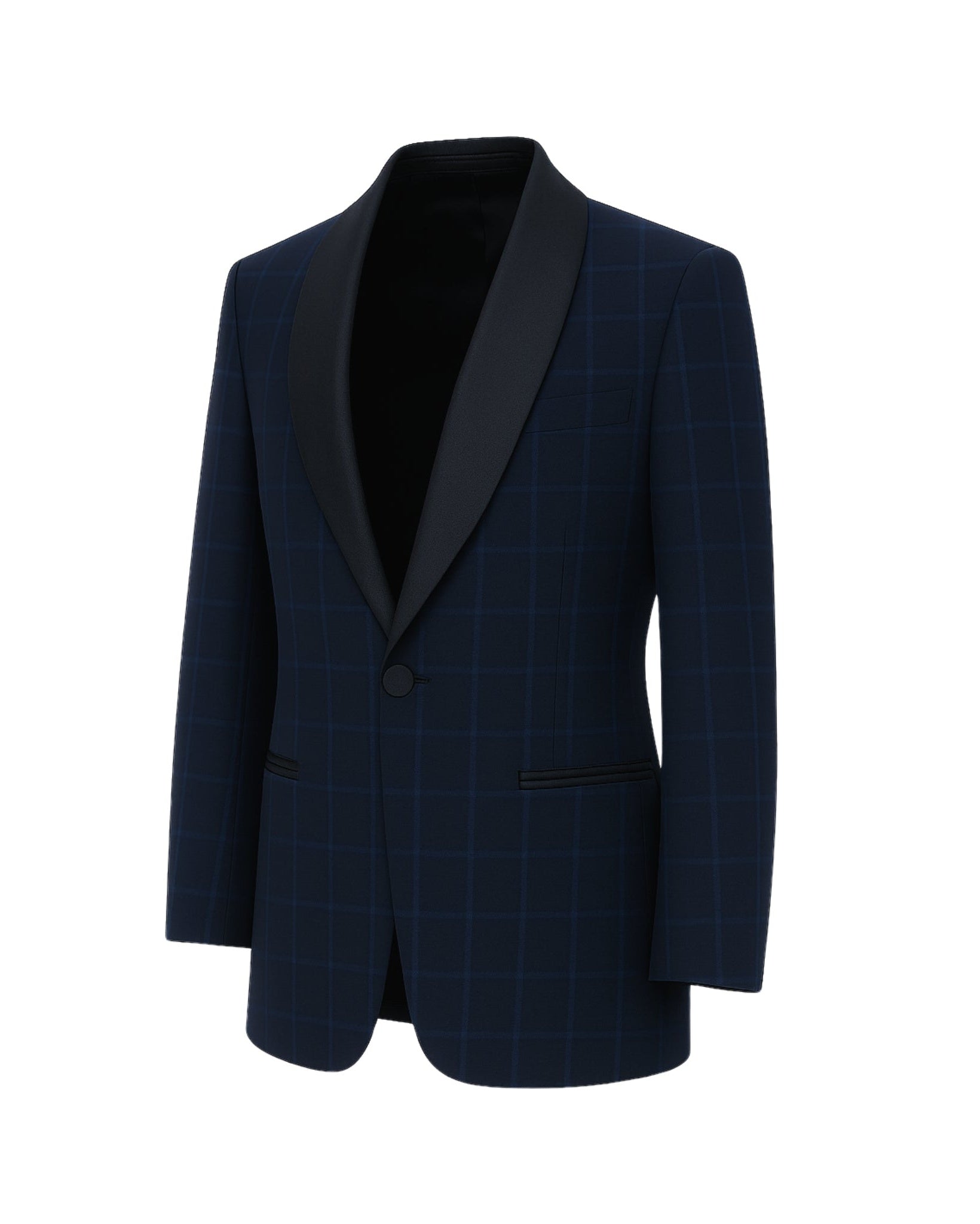 Navy Evening Blazer crafted in a subtle check pattern with smooth black satin shawl lapels and a single-button closure, designed for sophisticated formal evening wear.